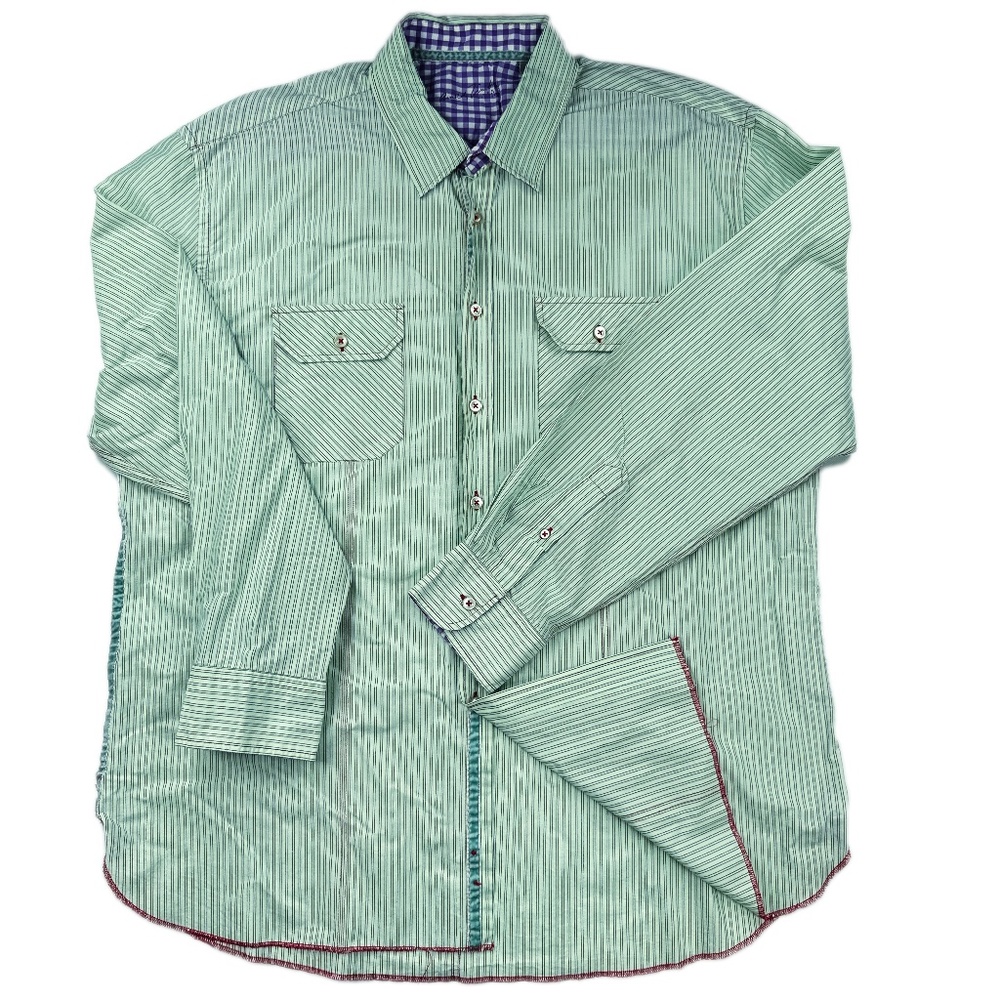 Green Striped Arnold Zimberg Designer Long Sleeve Button Down Shirt * XL